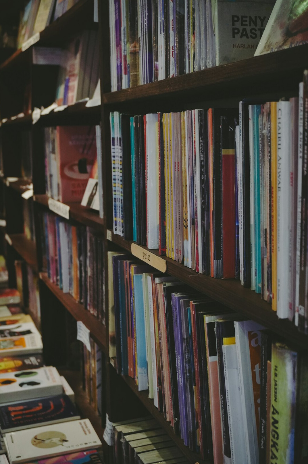 Rows of bound archive folders on wooden shelves