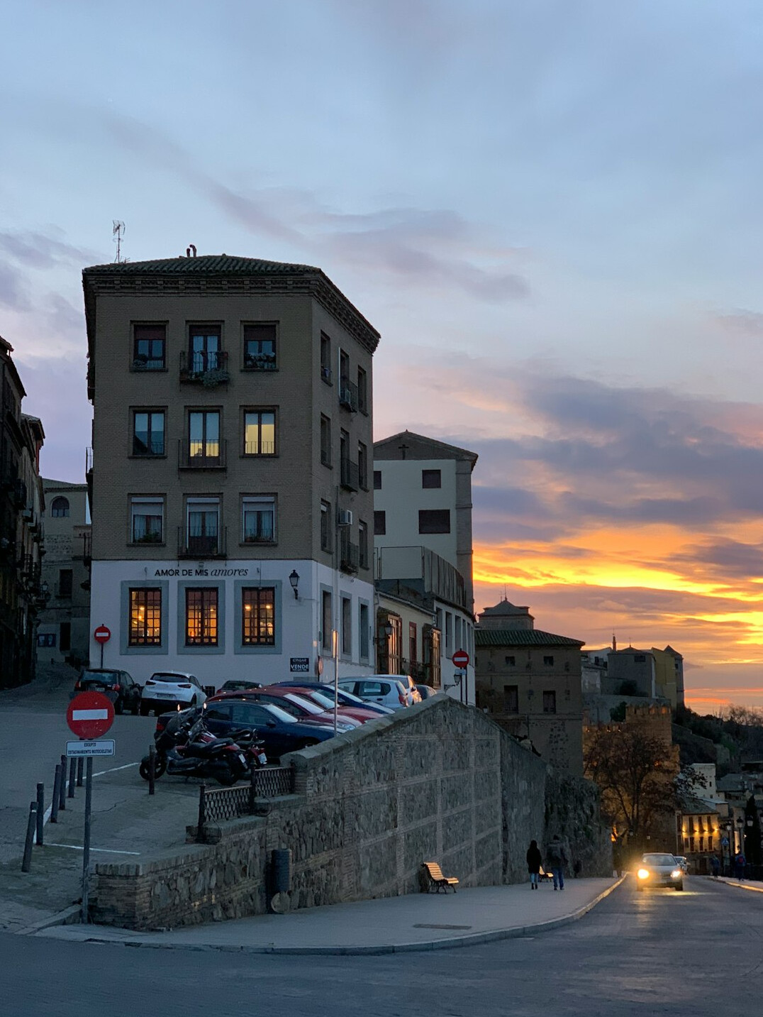 Cobblestone street in the old town of Montevideo at dusk